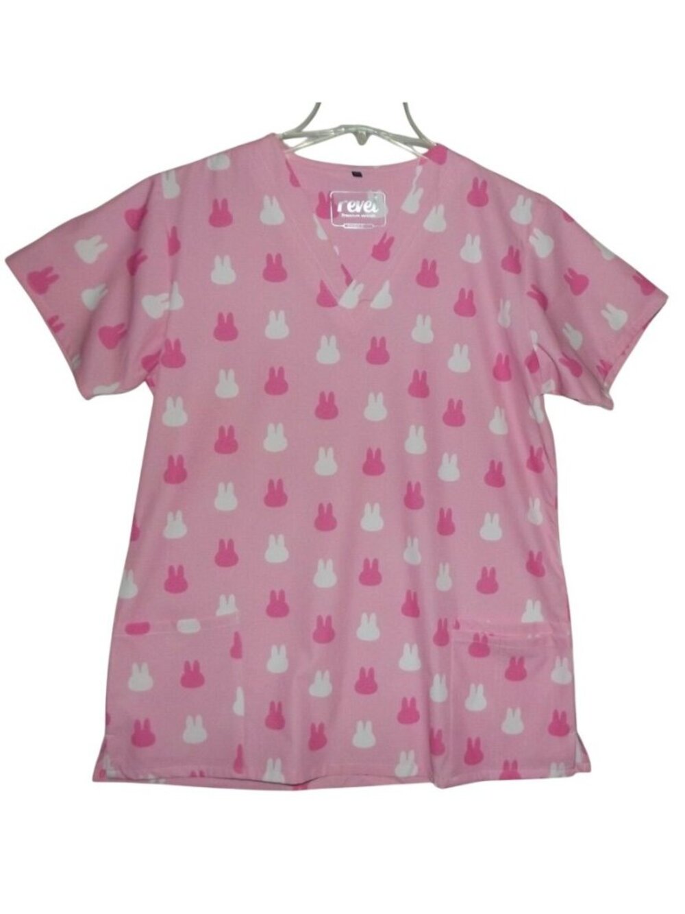 Revel Scrubs Top Womens Size Large Pink Bunny Rabbit v-neck pockets Poly Stretch